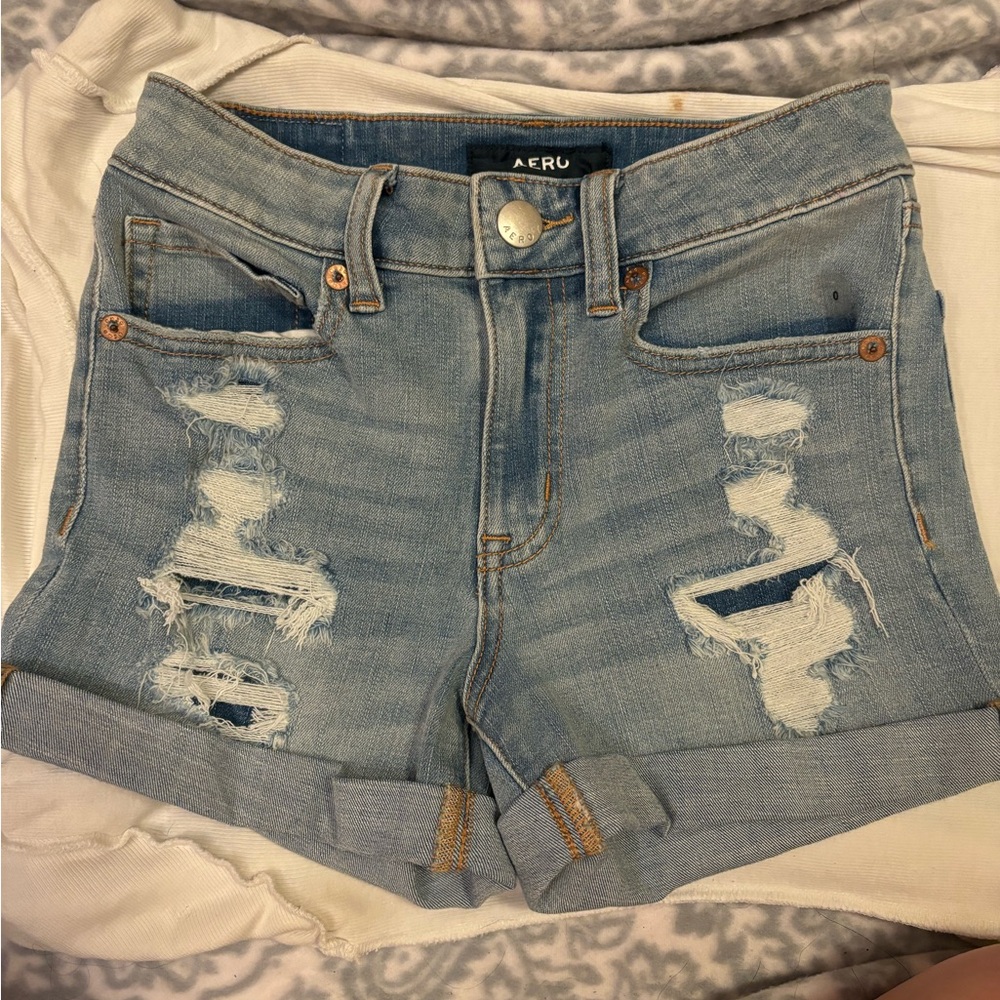 Aero Light Wash Denim High Rise Midi Shorts Size 0